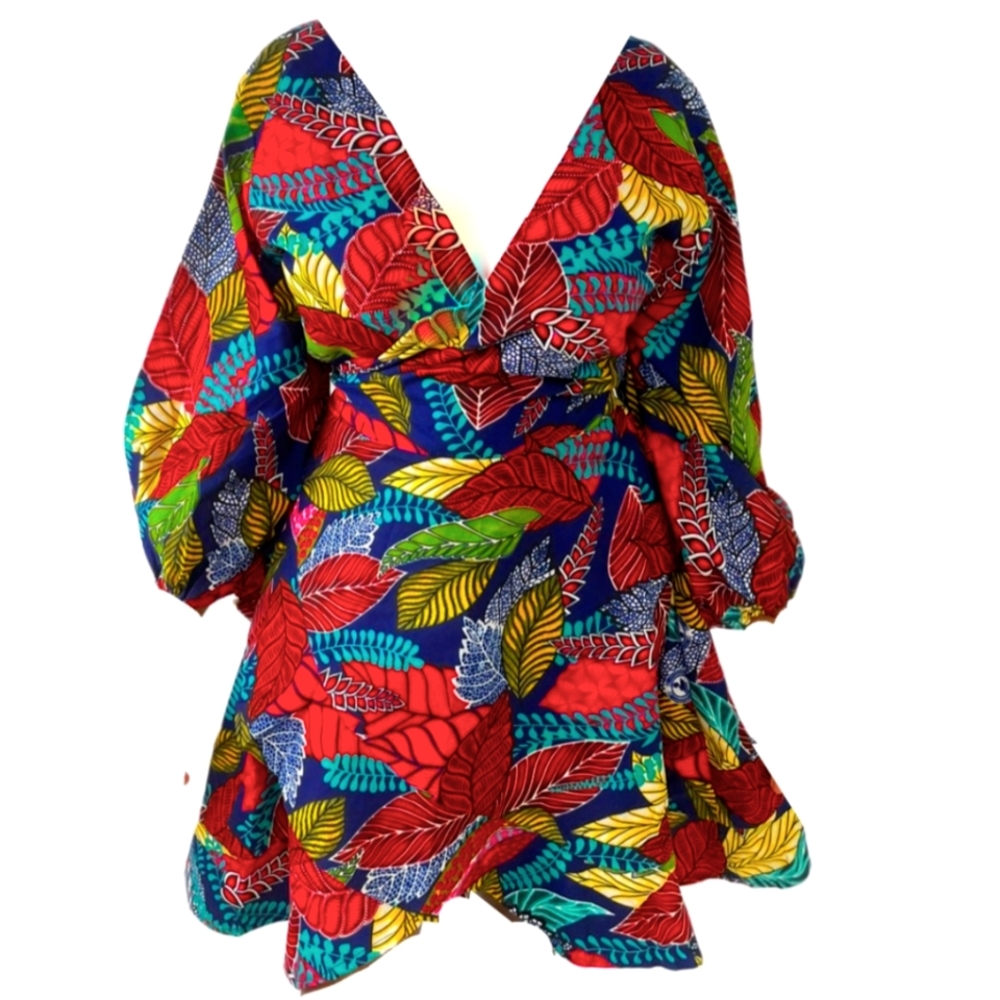 African print short wrap dress. 36 inches length